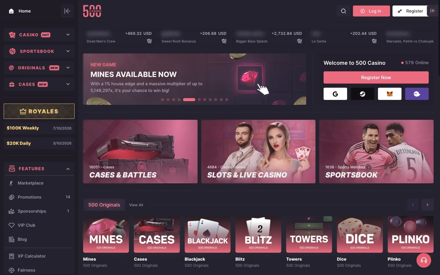 500 Casino homepage on desktop, logged out, Oct 3, 2026
