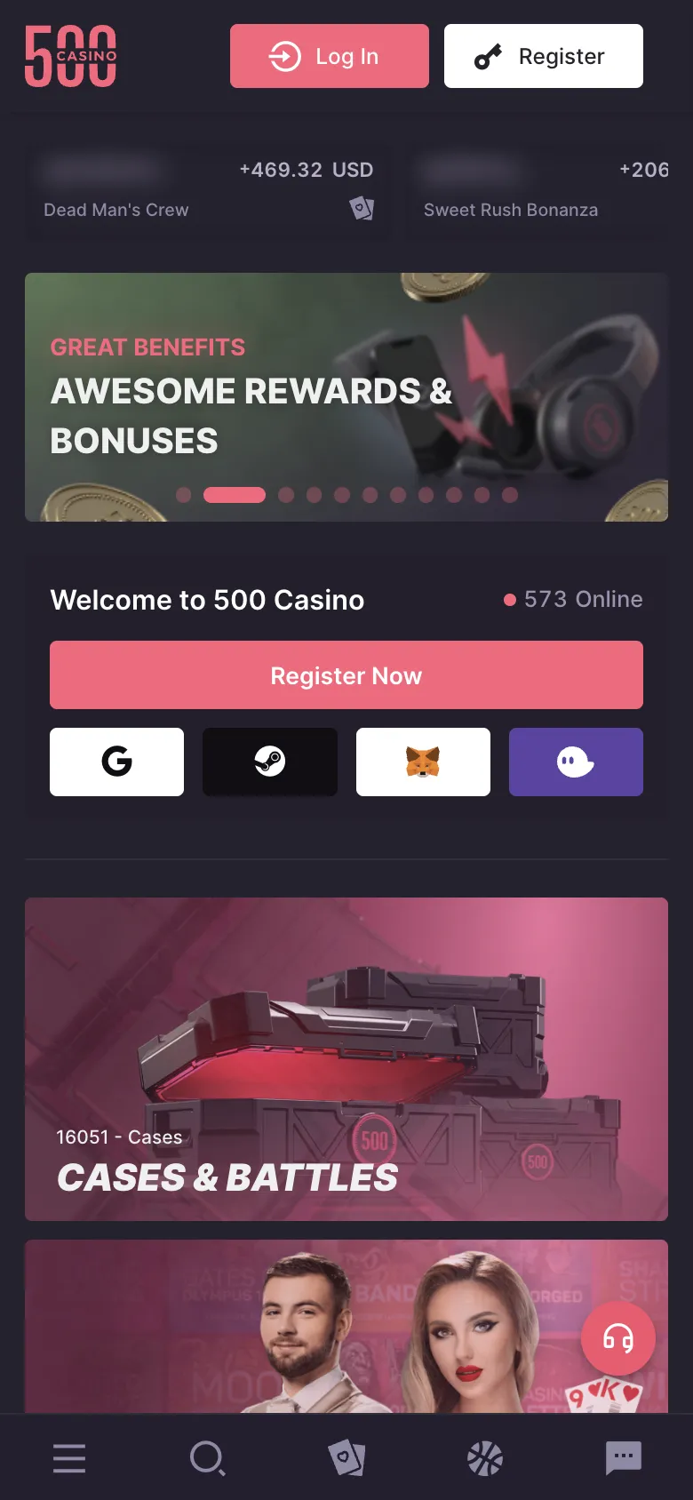 500 Casino homepage on a phone, logged out, Oct 3, 2026