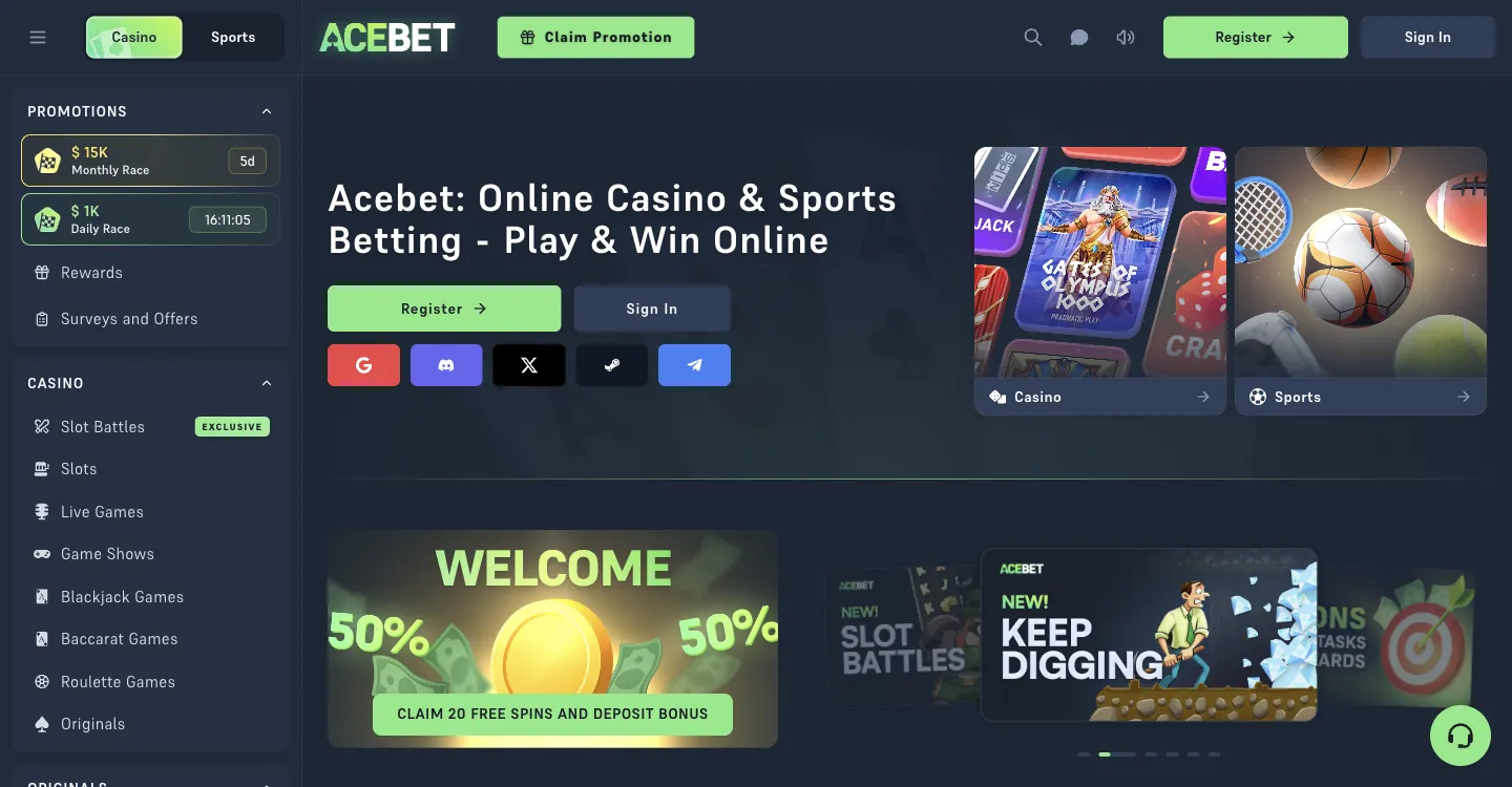 AceBet homepage on desktop, logged out, Oct 3, 2026