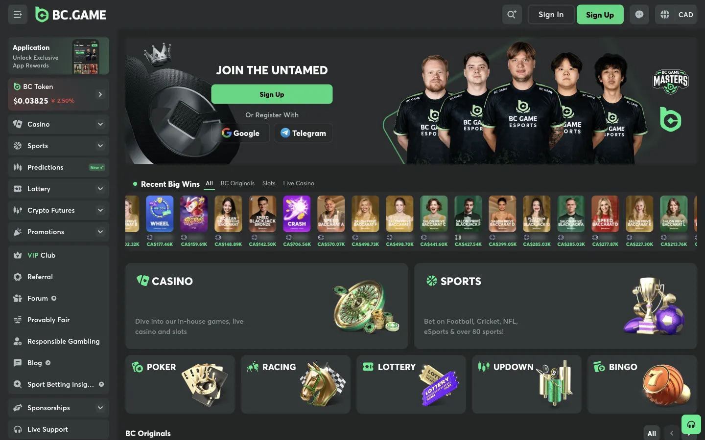 BC.Game homepage on desktop, logged out, Oct 3, 2026