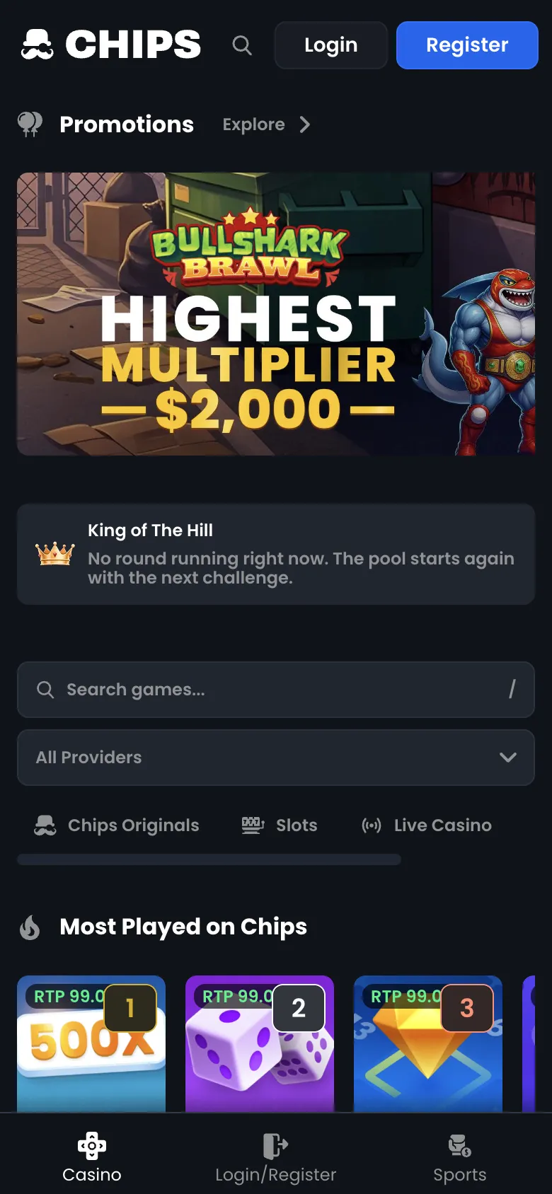 Chips homepage on a phone, logged out, Oct 3, 2026