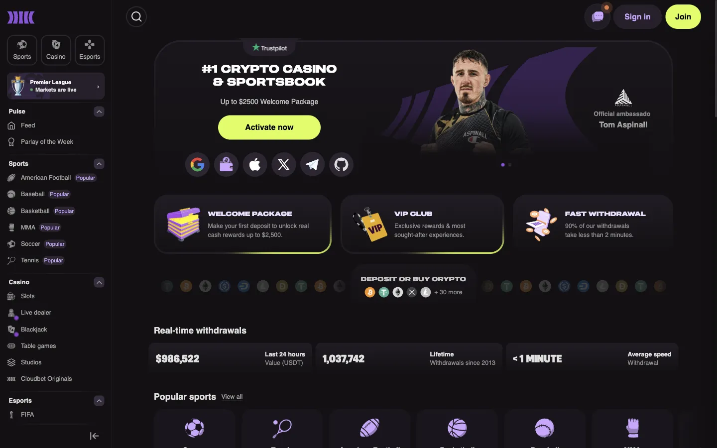 Cloudbet homepage on desktop, logged out, Oct 3, 2026