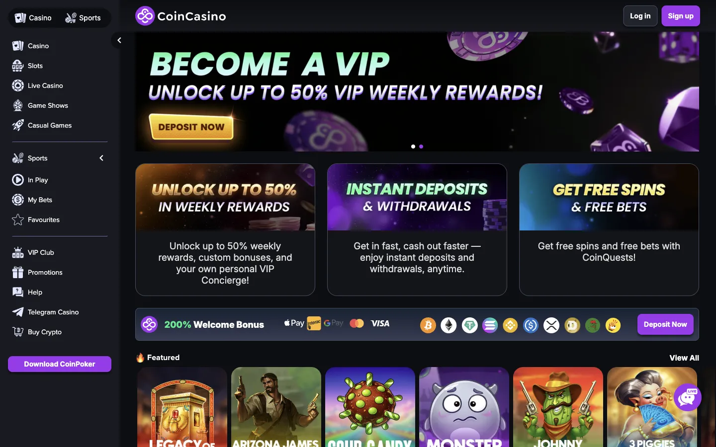 CoinCasino homepage on desktop, logged out, Oct 3, 2026