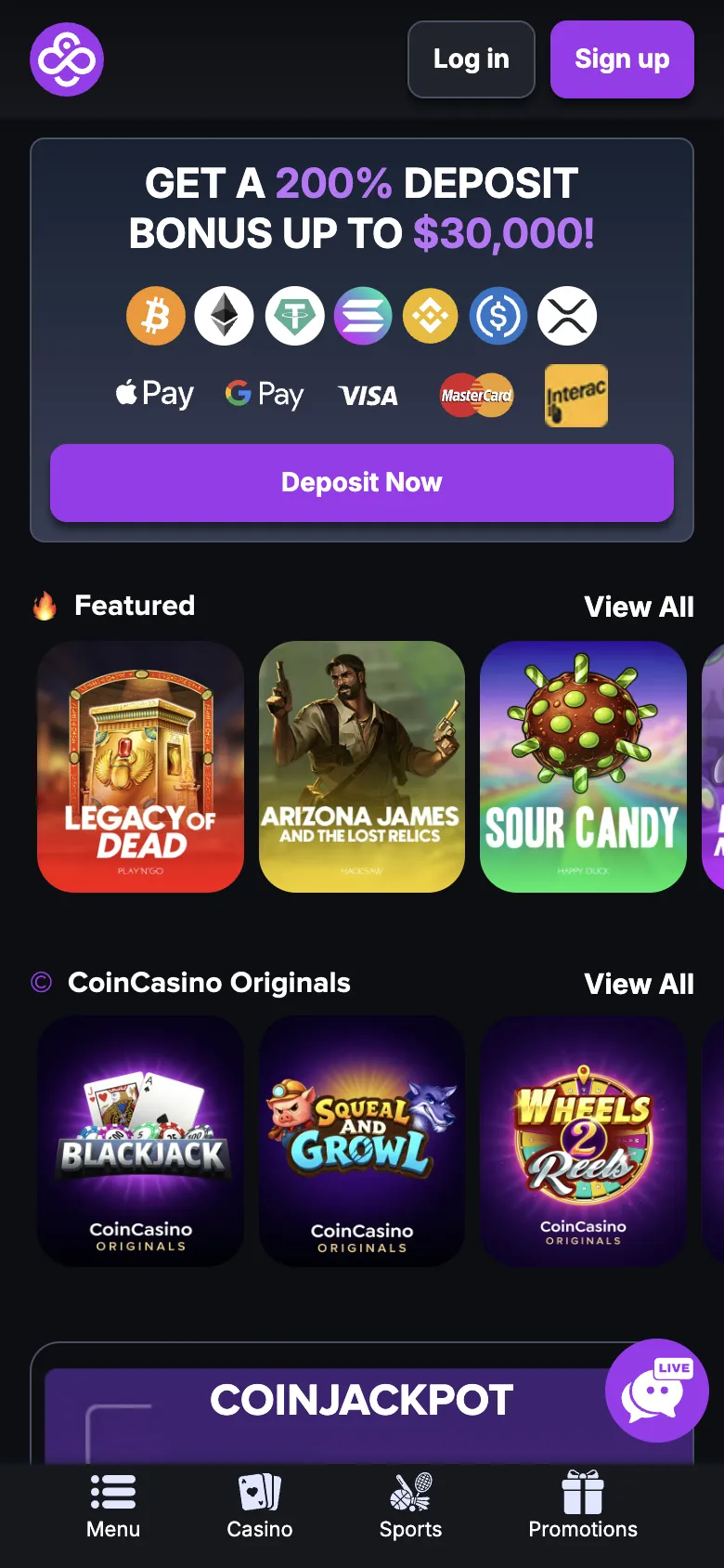 CoinCasino homepage on a phone, logged out, Oct 3, 2026