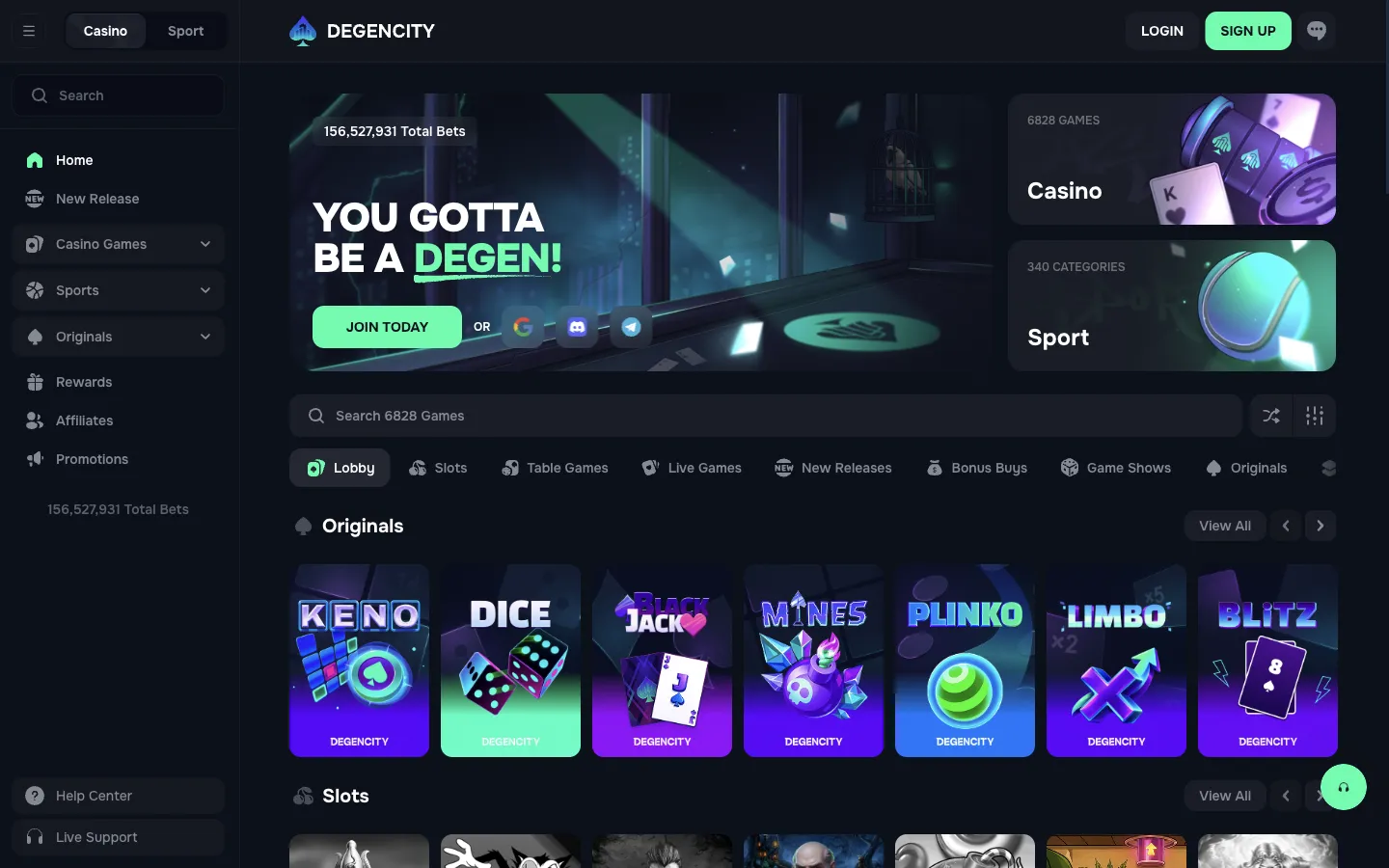 DegenCity homepage on desktop, logged out, Oct 3, 2026