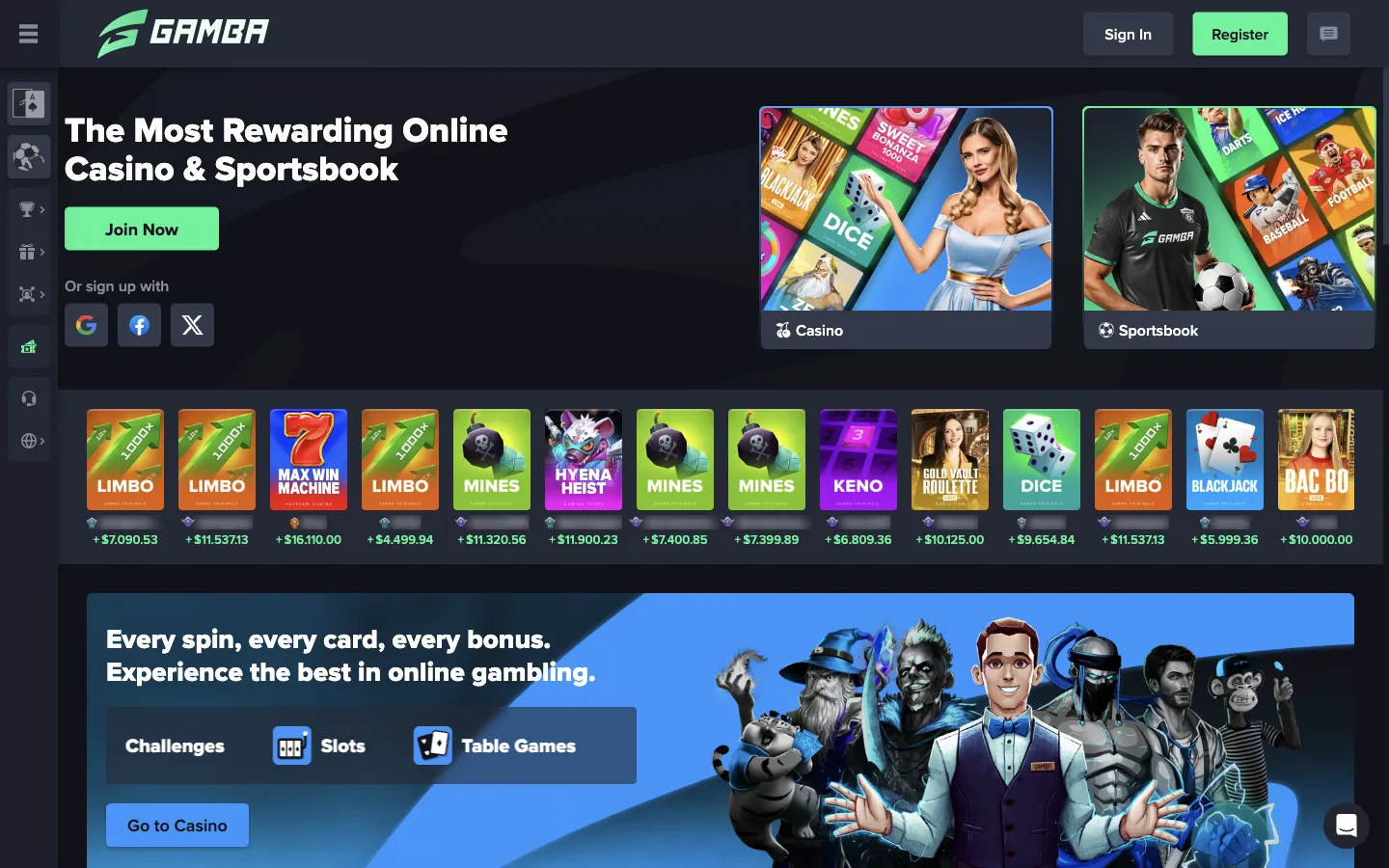 Gamba homepage on desktop, logged out, Oct 3, 2026