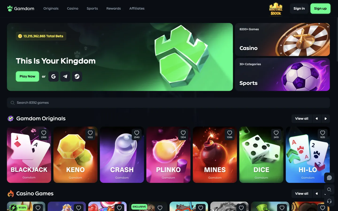 Gamdom homepage on desktop, logged out, Oct 3, 2026