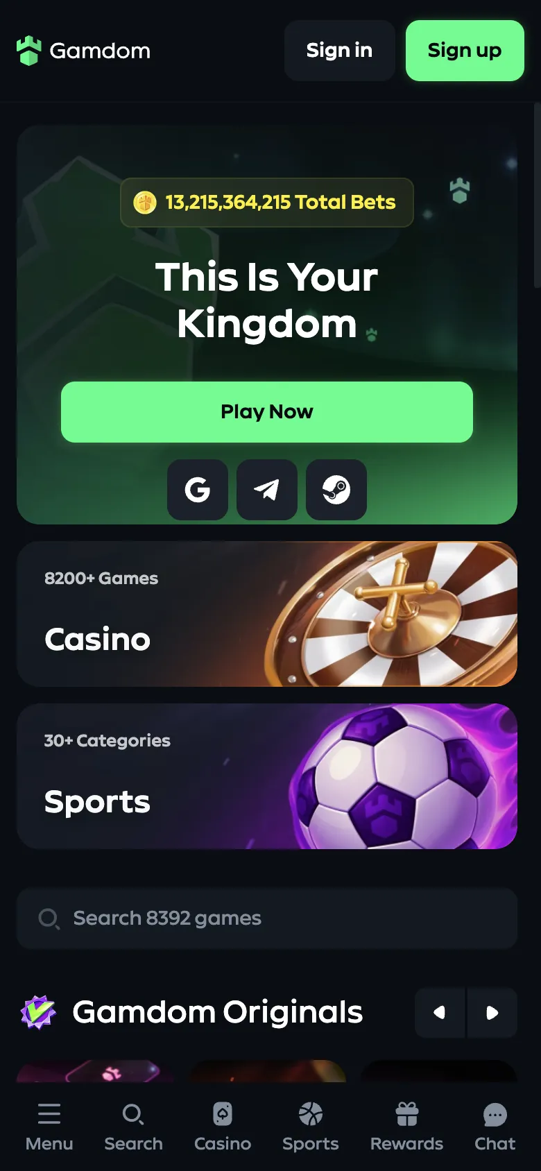 Gamdom homepage on a phone, logged out, Oct 3, 2026