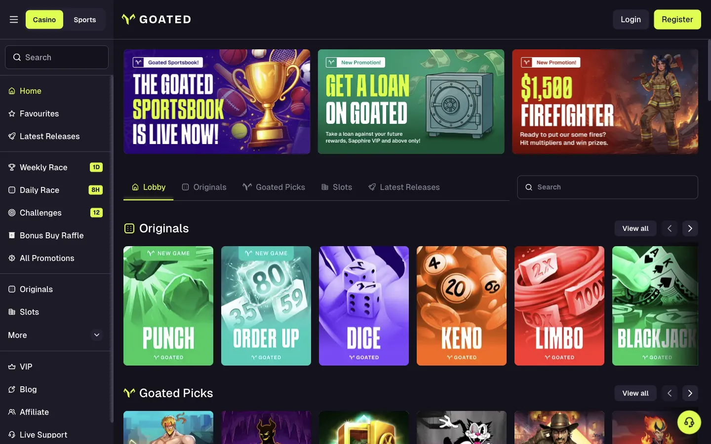GOATED homepage on desktop, logged out, Oct 3, 2026