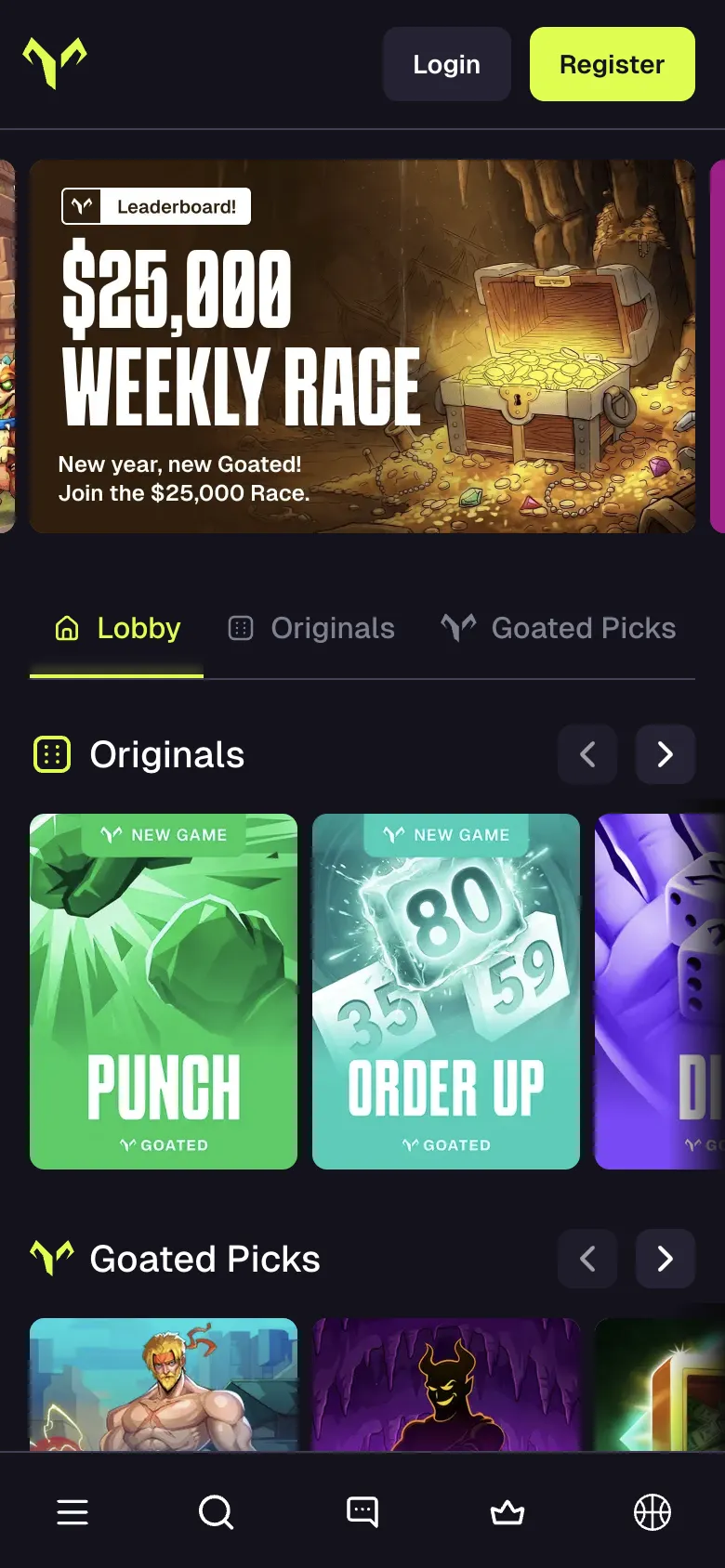 GOATED homepage on a phone, logged out, Oct 3, 2026
