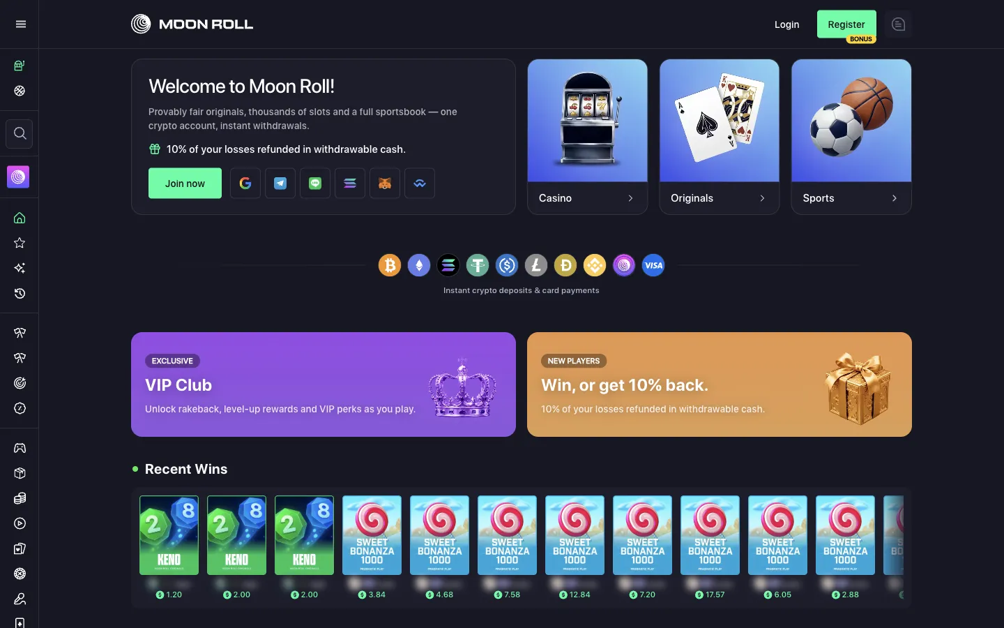 Moon Roll homepage on desktop, logged out, Oct 3, 2026