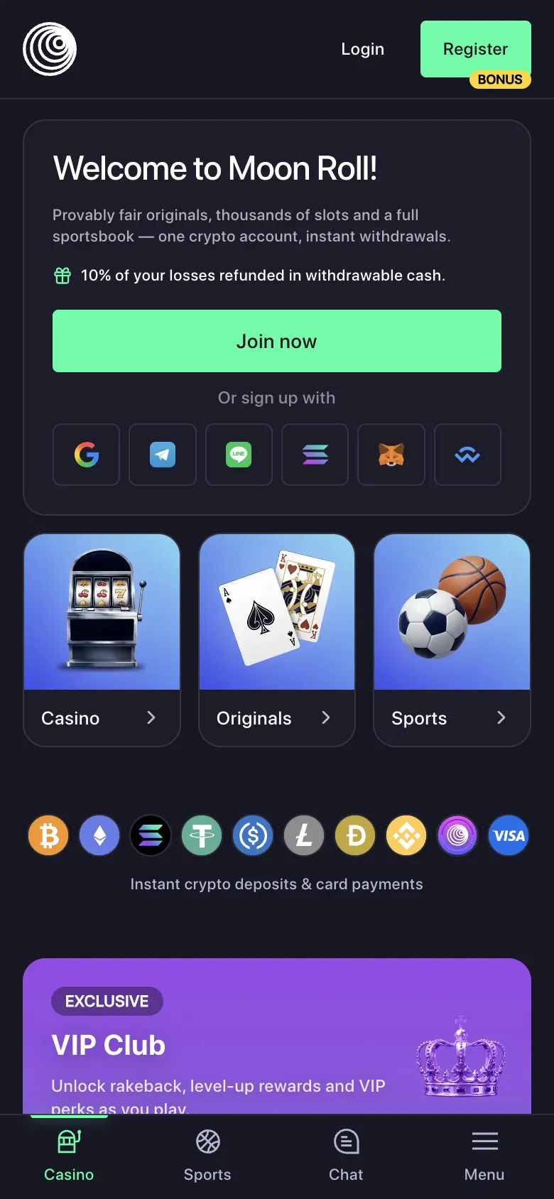 Moon Roll homepage on a phone, logged out, Oct 3, 2026