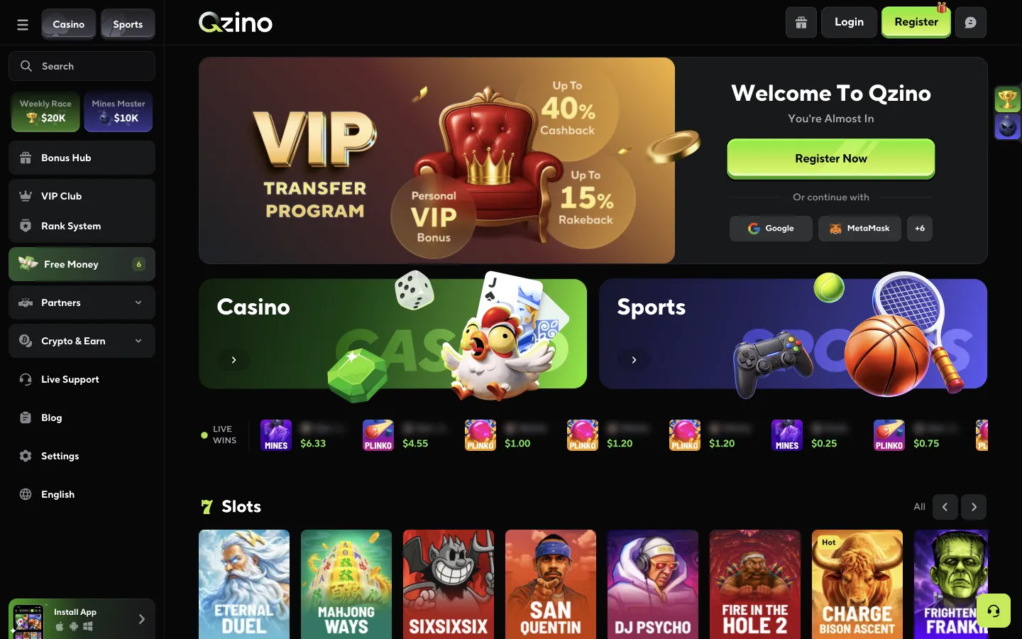 Qzino homepage on desktop, logged out, Oct 3, 2026
