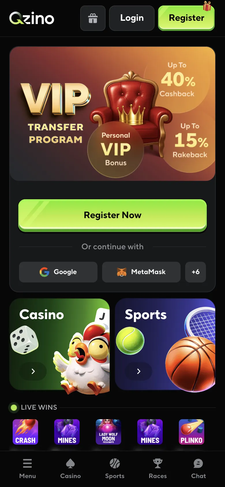Qzino homepage on a phone, logged out, Oct 3, 2026