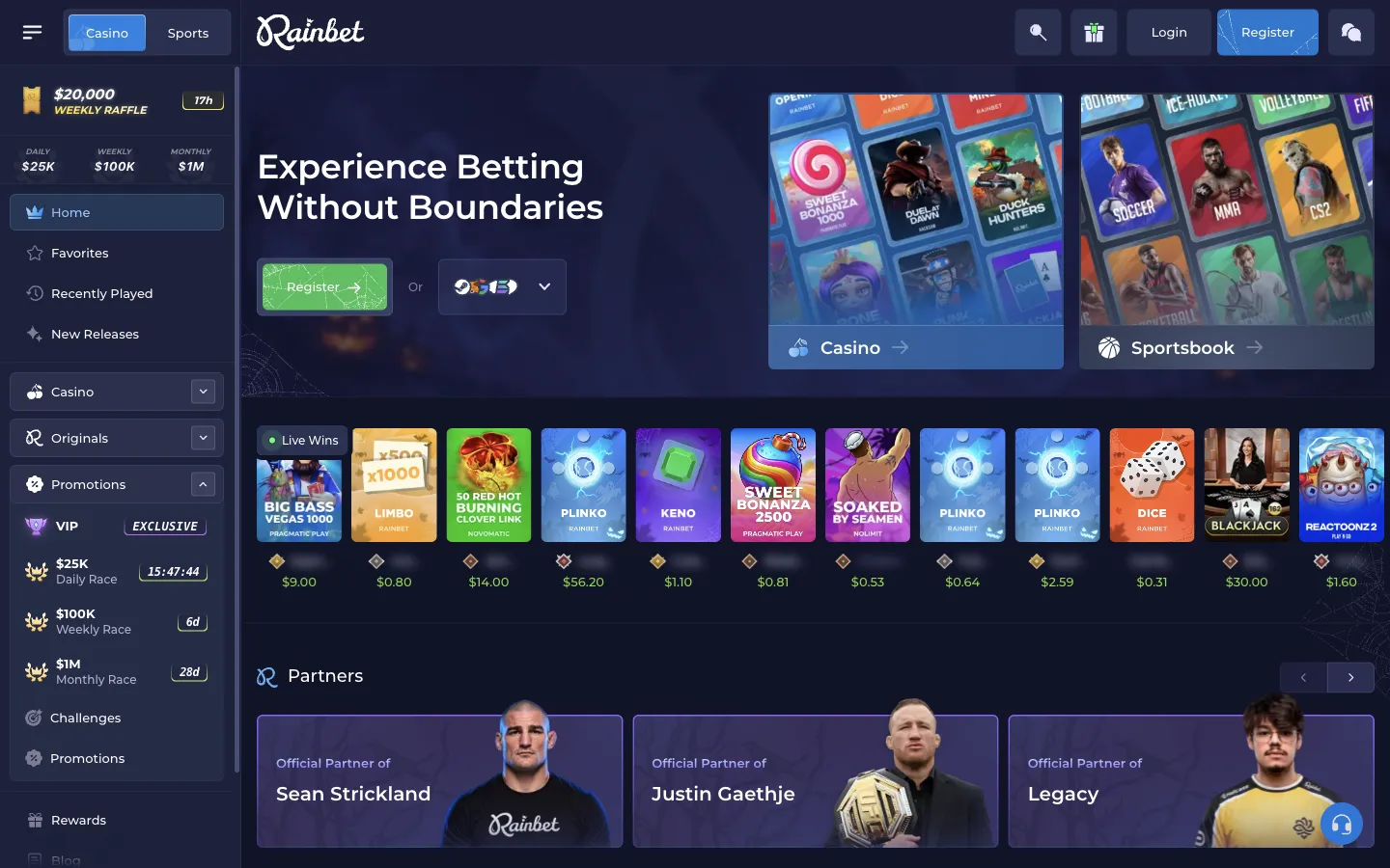 Rainbet homepage on desktop, logged out, Oct 3, 2026