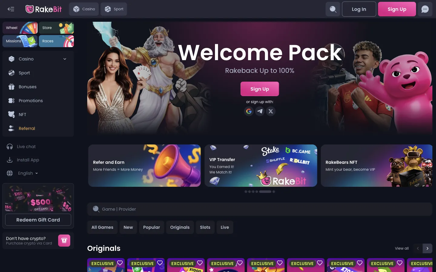 Rakebit homepage on desktop, logged out, Oct 3, 2026