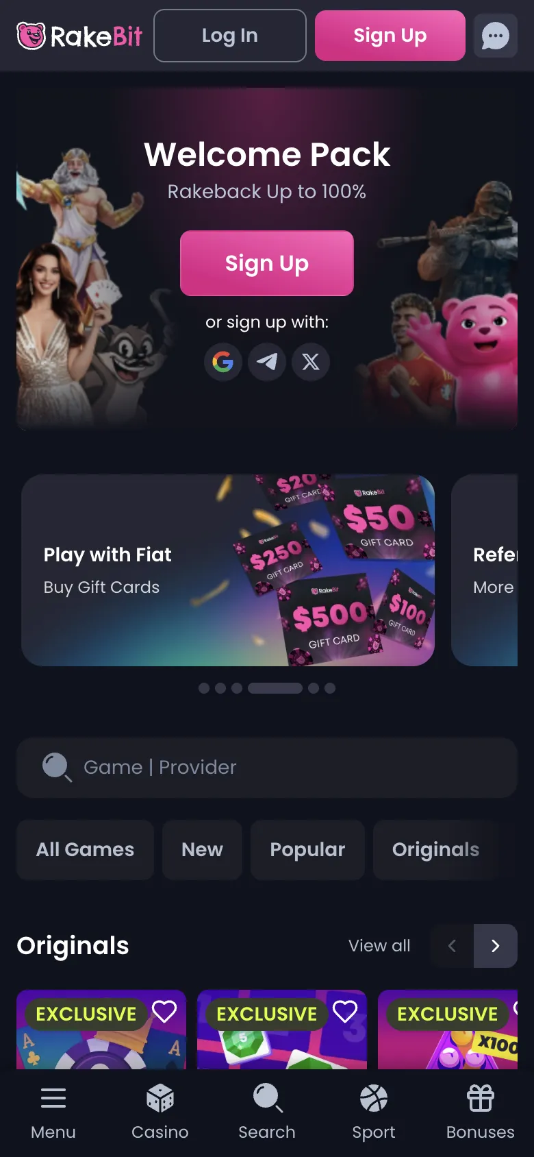 Rakebit homepage on a phone, logged out, Oct 3, 2026