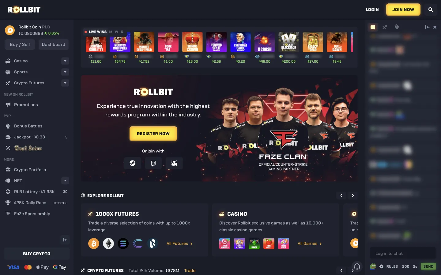 Rollbit homepage on desktop, logged out, Oct 3, 2026