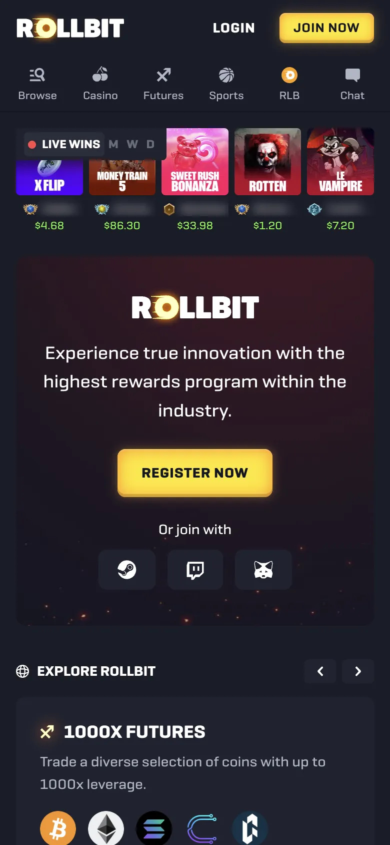 Rollbit homepage on a phone, logged out, Oct 3, 2026