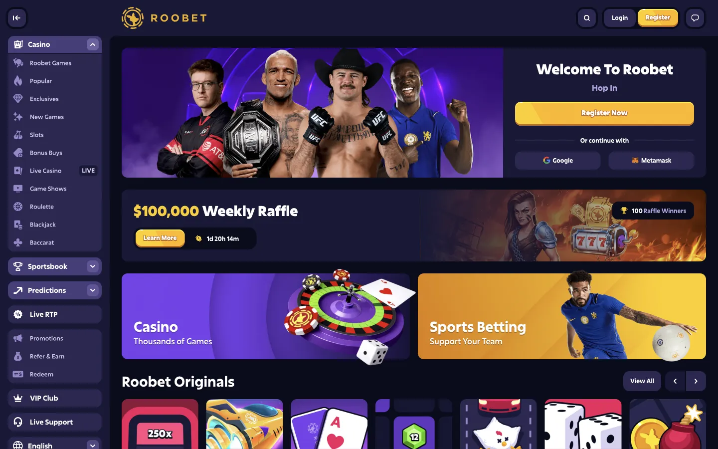 Roobet homepage on desktop, logged out, Oct 3, 2026