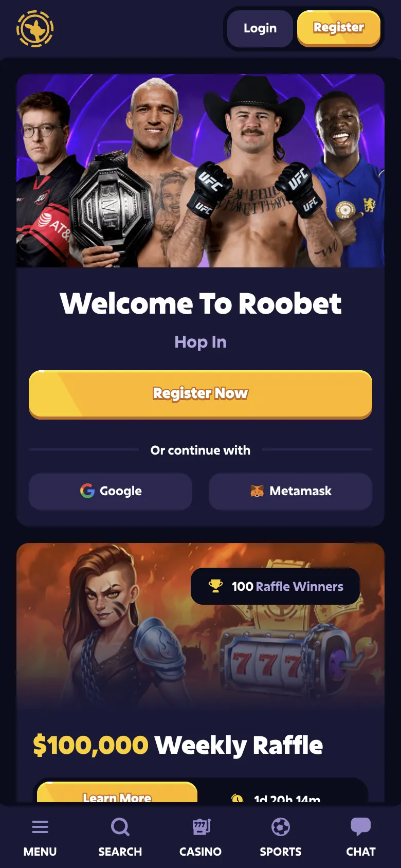 Roobet homepage on a phone, logged out, Oct 3, 2026