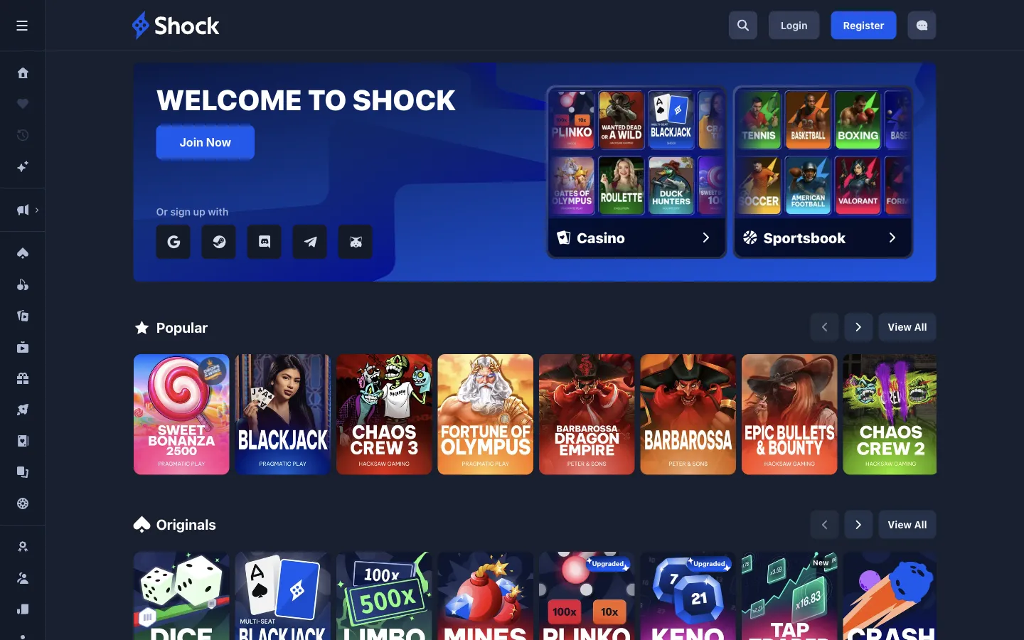 Shock homepage on desktop, logged out, Oct 3, 2026