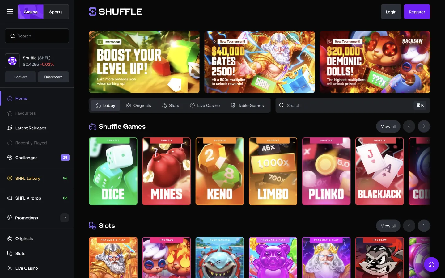 Shuffle homepage on desktop, logged out, Oct 3, 2026