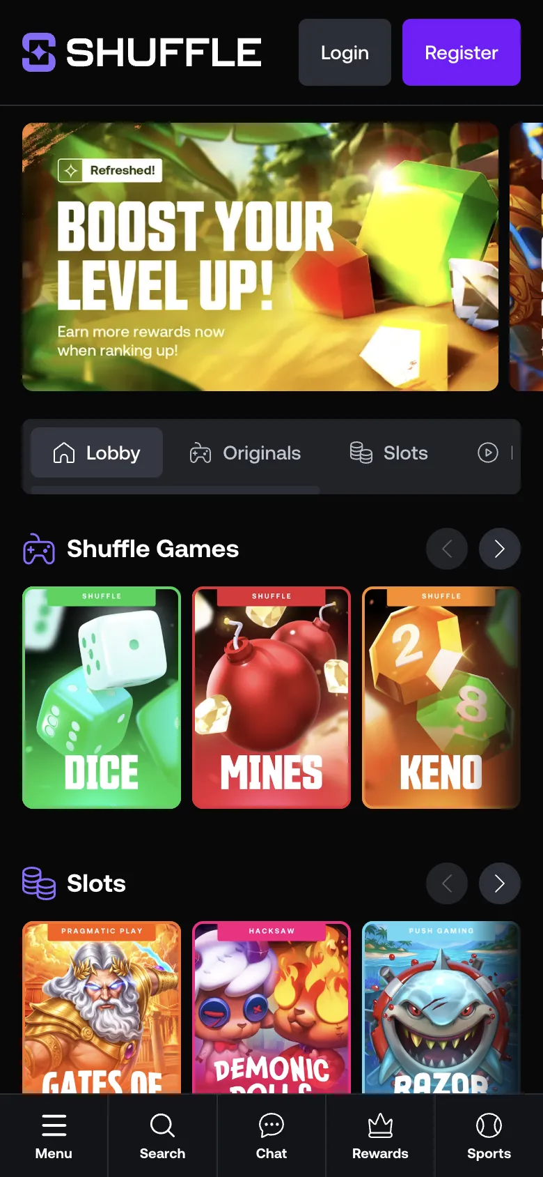 Shuffle homepage on a phone, logged out, Oct 3, 2026