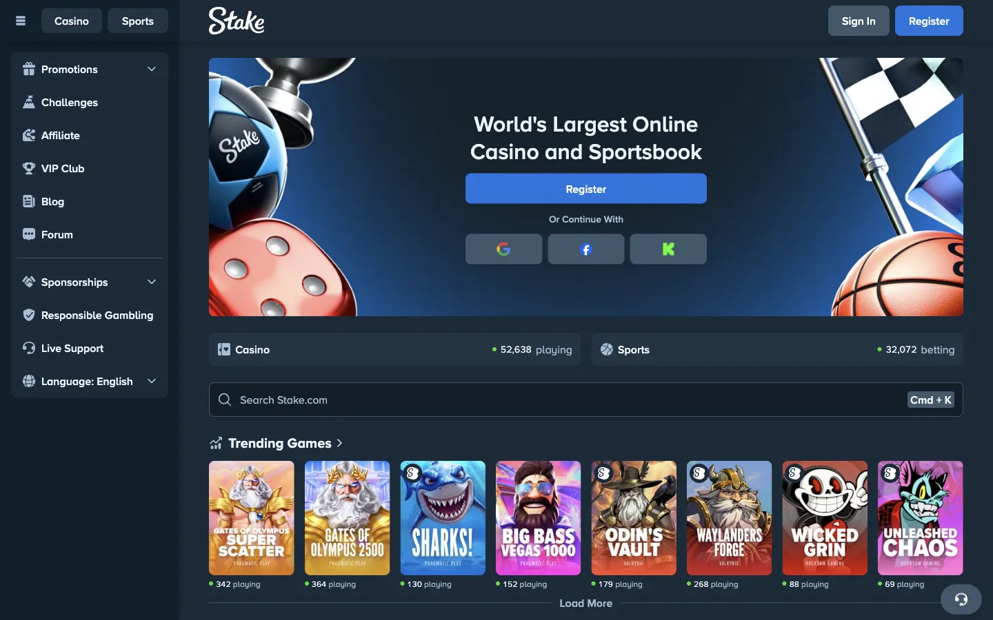 Stake homepage on desktop, logged out, Oct 3, 2026