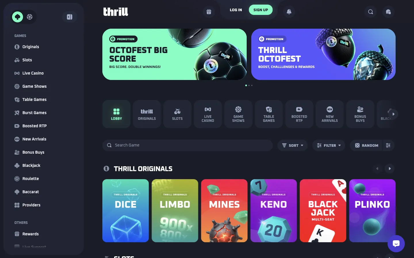 Thrill homepage on desktop, logged out, Oct 3, 2026