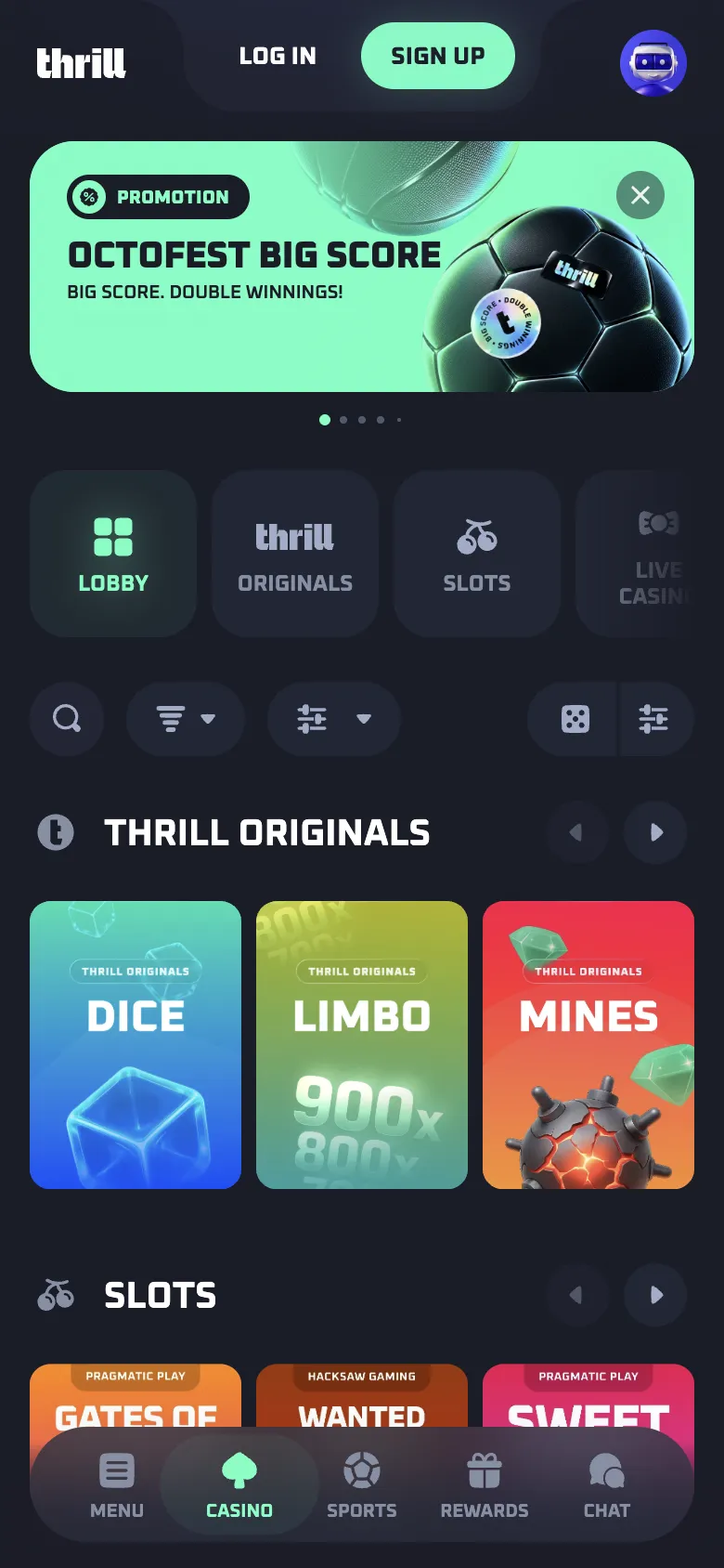 Thrill homepage on a phone, logged out, Oct 3, 2026