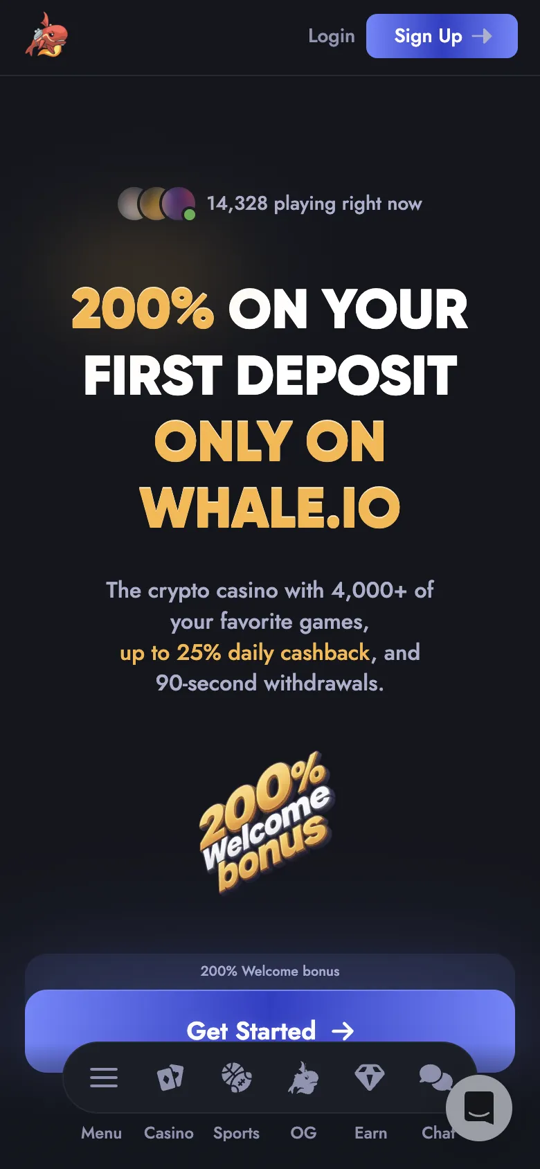 Whale.io homepage on a phone, logged out, Oct 3, 2026