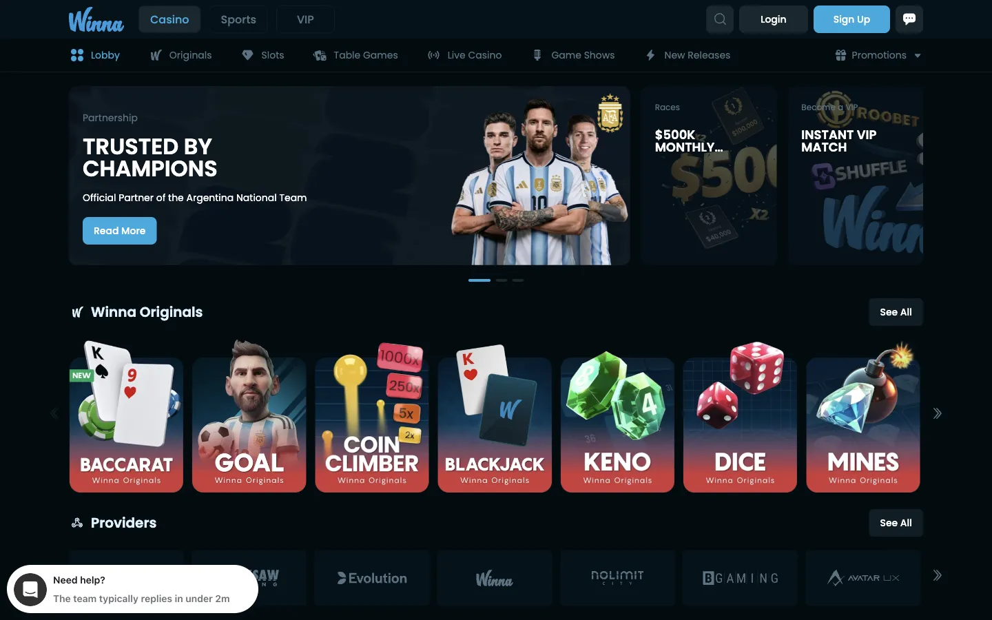 Winna homepage on desktop, logged out, Oct 3, 2026