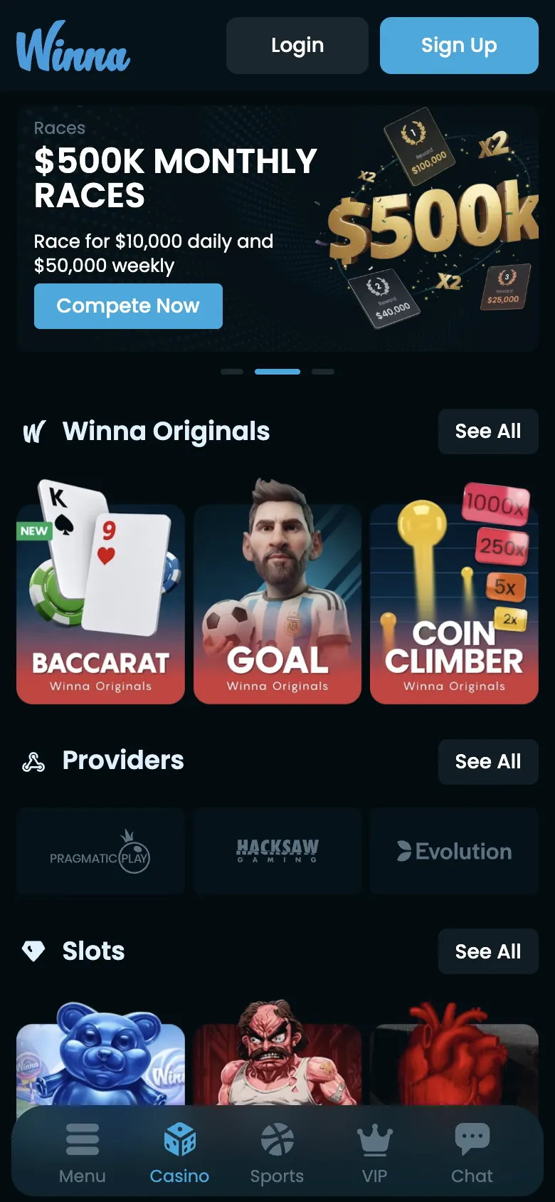 Winna homepage on a phone, logged out, Oct 3, 2026